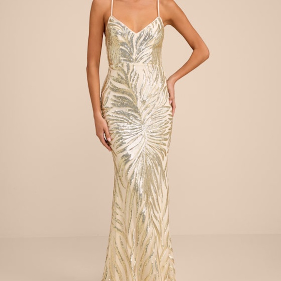 Lulus Dresses & Skirts - Lulus Sparkle 'til Dawn Gold Sequin Lace-up Mermaid Maxi Dress - Size M
